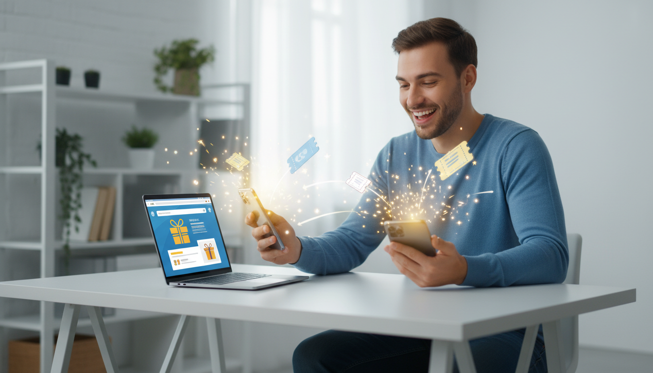 スマートフォンやパソコンを操作し、オンラインショップでお得な割引クーポンやプレゼントボックスを見つけて喜んでいる人物のイラスト。画面からデジタルチケットやキラキラした星が飛び出しているような、お得感と
