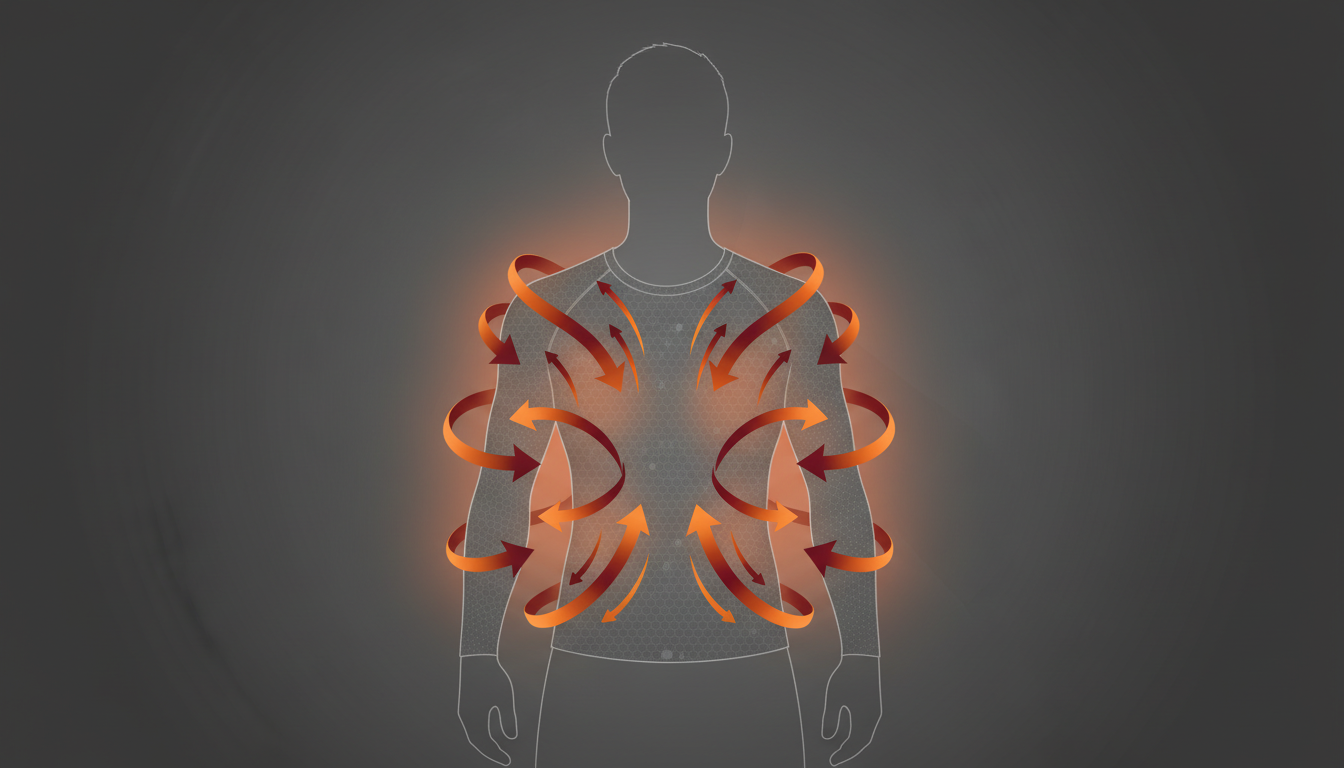 リカバリーウェアが体を温める仕組みを説明する図解風のイラスト。ウェアを着ている人物の上半身シルエットを描き、体から放出された熱（体温）が生地の表面で反射し、再びじんわりと体に戻っていく様子を、温かみの