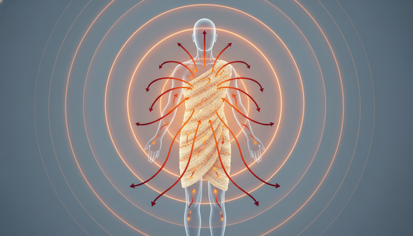 遠赤外線による体温輻射（ふくしゃ）の仕組みを視覚的に説明する図解イラスト。人物のシルエットの周りに、特殊繊維が体温を吸収し、遠赤外線として体へ送り返してじんわりと全身を温める様子を、オレンジ色の矢印や