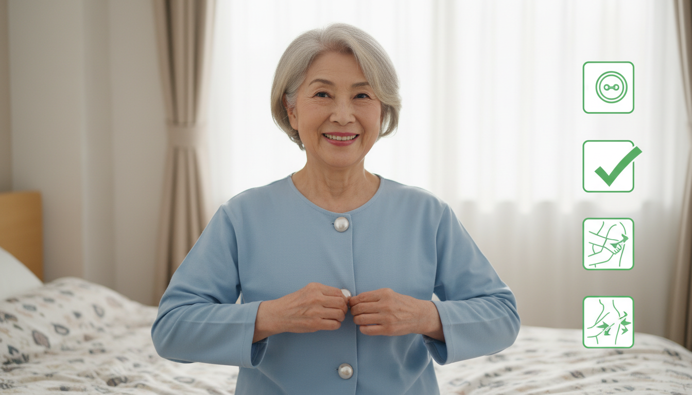 高齢者のパジャマ選びにおける「前開きタイプ」の着脱のしやすさを説明するイラスト。大きめのボタンがついた前開きタイプのパジャマを着用し、腕や肩に負担をかけずにスムーズに着替えができている笑顔のシニアの様