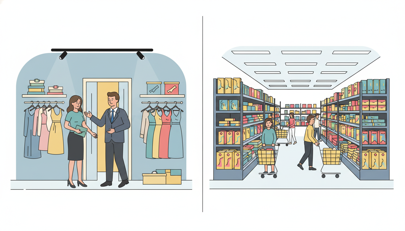 直営店舗と一般取扱店舗の違いを分かりやすく比較する図解イラスト。左側は「スタッフから直接案内を受けて試着ができる洗練されたアパレルショップ」、右側は「パッケージの箱に入った商品が陳列棚に並んでいる量販