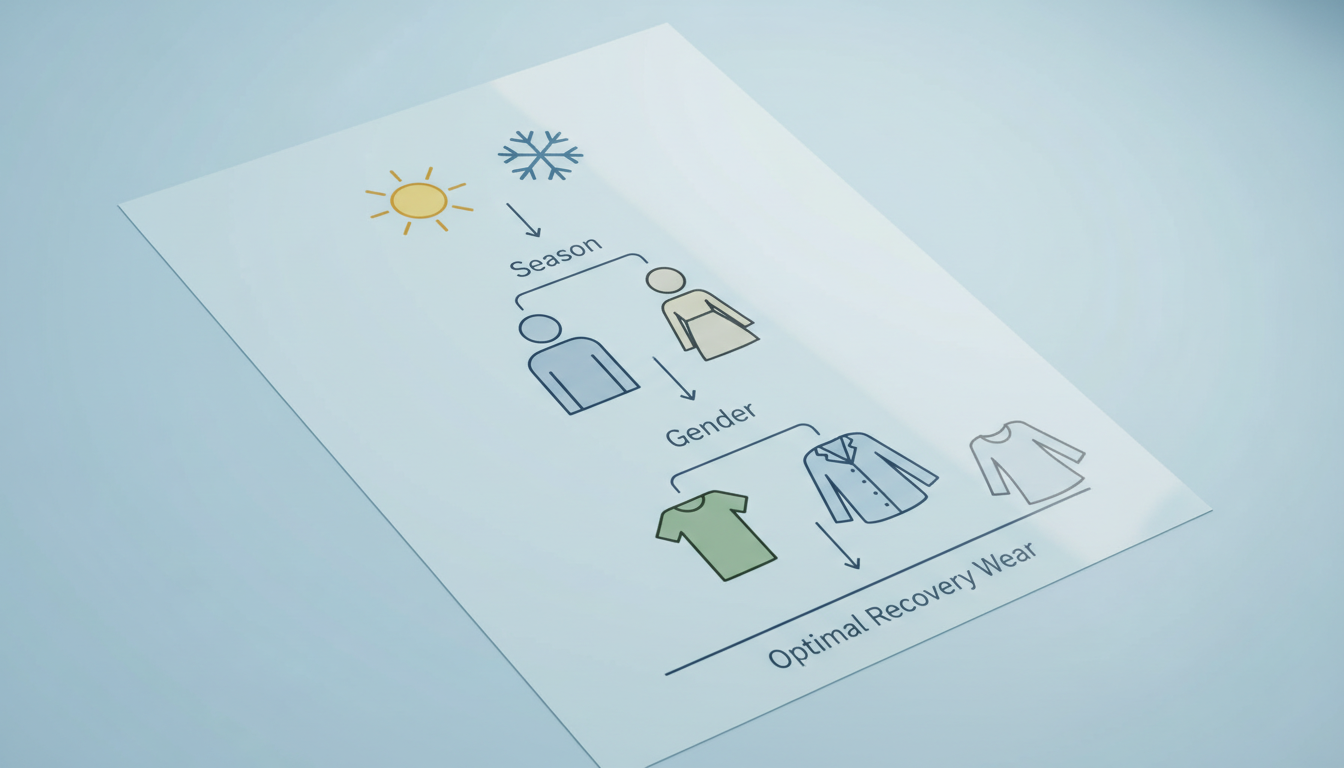 リカバリーウェアを選ぶためのフローチャートをイメージしたイラスト。季節（太陽と雪のマーク）、性別（男女のシルエット）、形状（Tシャツと前開きパジャマのアイコン）の3つのカテゴリが矢印で順番に繋がれてお
