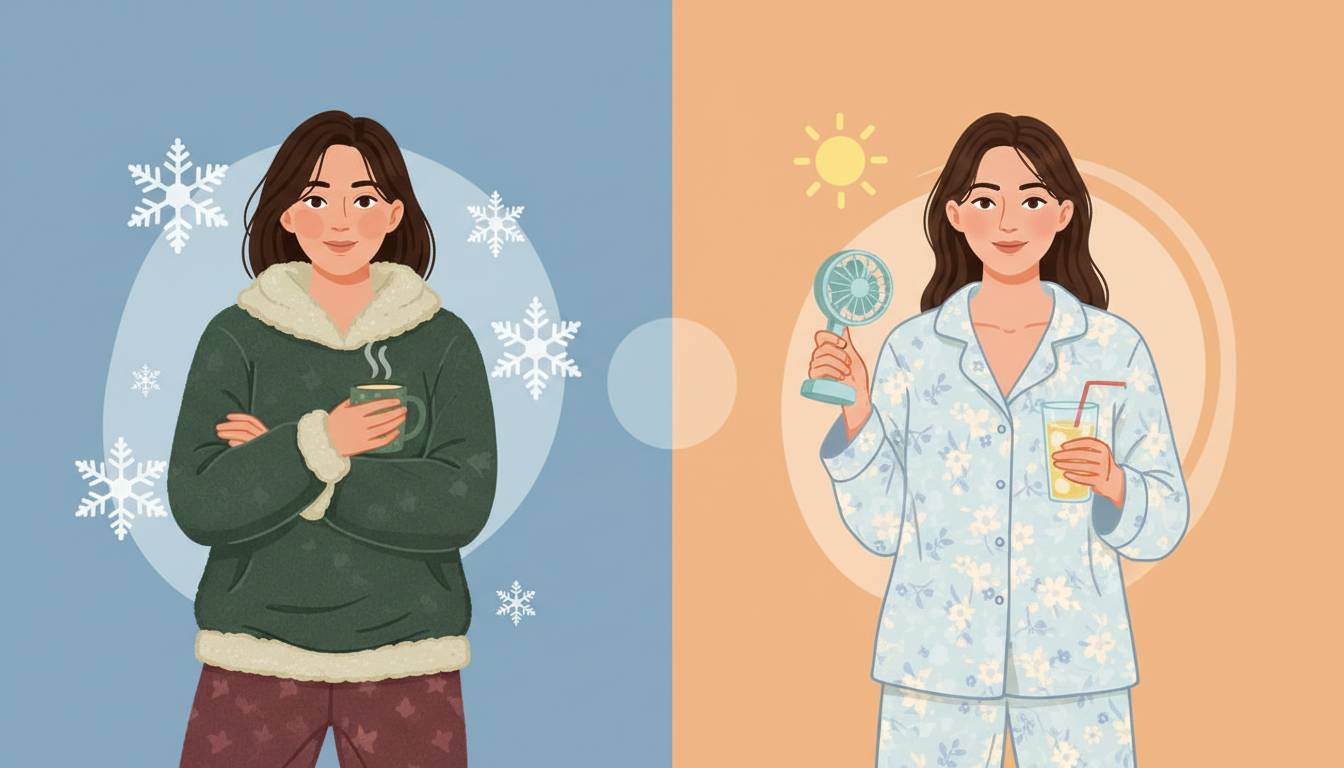 左側に秋冬用の厚手スウェットパジャマを着て暖かそうにしている女性、右側に春夏用の薄手で通気性の良いパジャマを着て涼しそうにしている女性を並べた比較イラスト。それぞれの背景に雪の結晶と太陽のアイコンを配