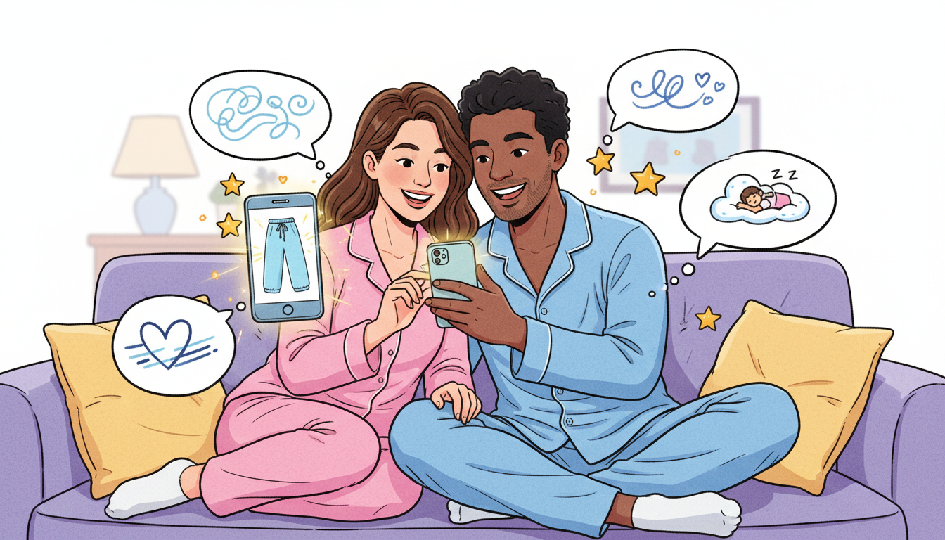 スマートフォンを見ながら笑顔で商品のレビューを確認している男女のイラスト。周囲には星のアイコン（高評価）や、パジャマの着心地に関する良い感想が書かれた吹き出しが複数浮かんでいる。実際のユーザーの満足度