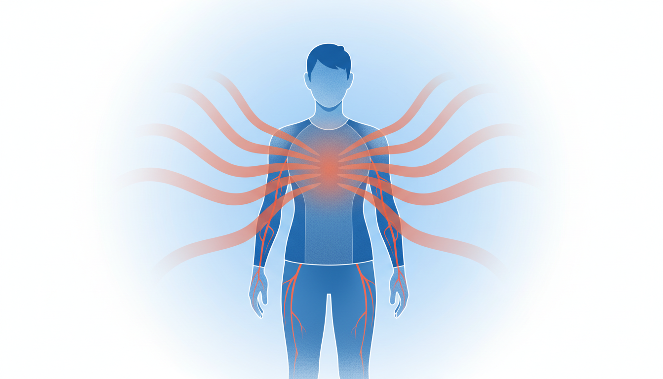 遠赤外線効果で体が温まる仕組みを視覚的に表現した図解風イラスト。青と白を基調とした清潔感のある背景の中央に人体のシルエットがあり、着用している衣服の特殊な繊維からオレンジ色の暖かい波線（遠赤外線）が体