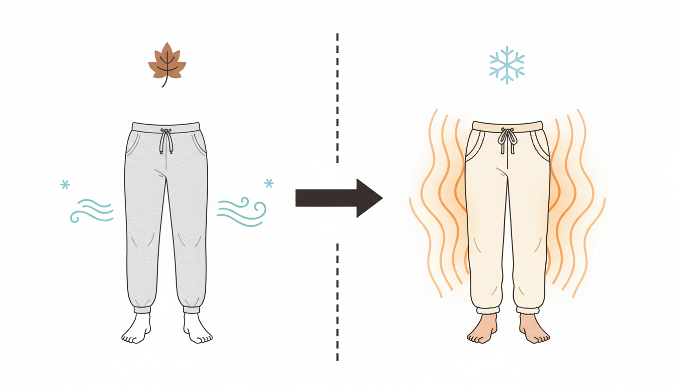 定番のパジャマと冬用パジャマの暖かさの違いを比較するフラットデザインのイラスト。左側には秋の涼しい季節（落ち葉のアイコン）に適した軽やかなスウェットパジャマが描かれ、右側には冬の寒い季節（雪の結晶のア