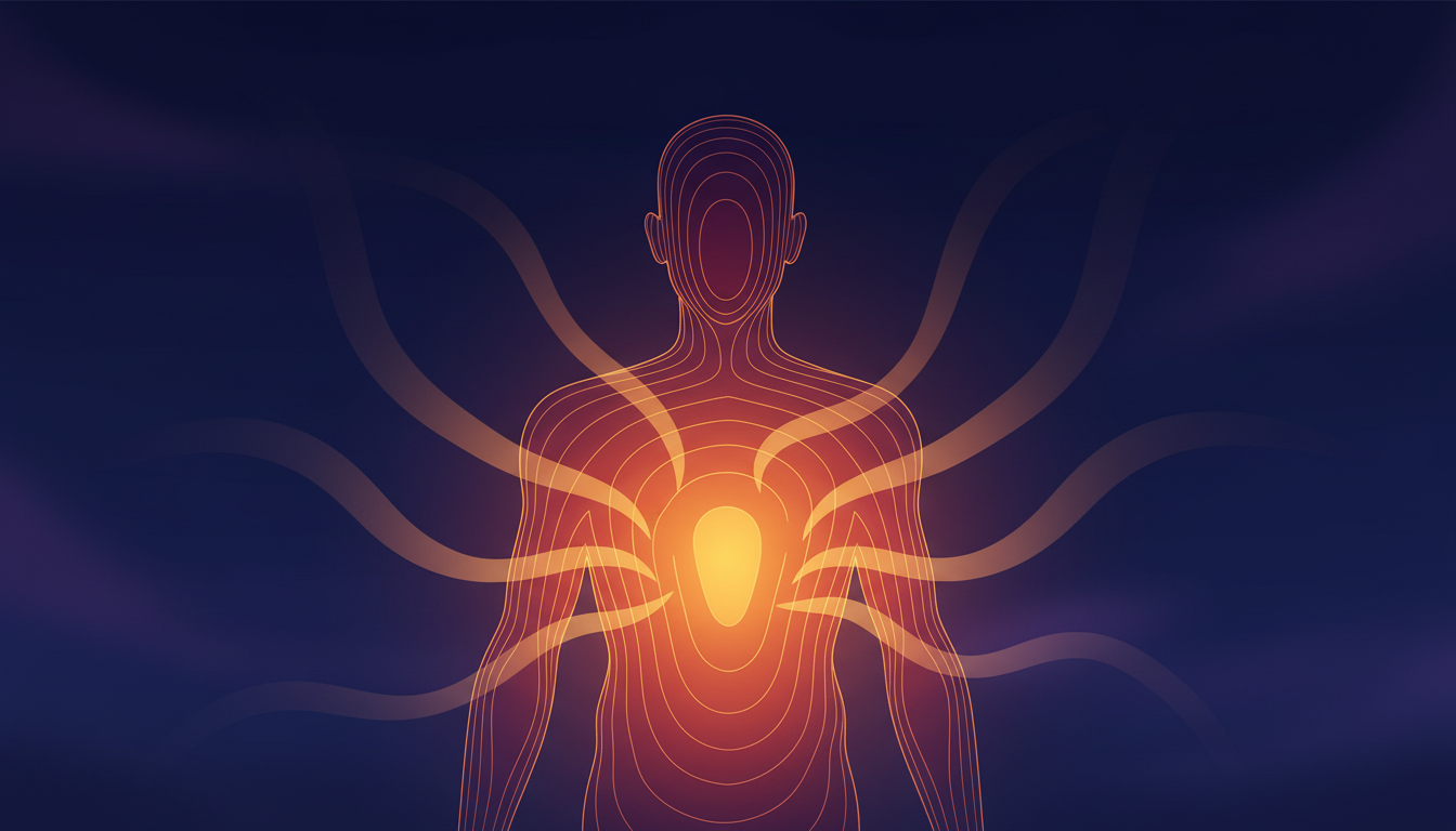 人体のシルエットに温かい熱（遠赤外線）がじんわりと反射して戻っていく様子を表現した概念的な図解イラスト。オレンジや赤のグラデーションで体の芯からポカポカと温まる感覚を表現し、背景は夜の落ち着いたネイビ