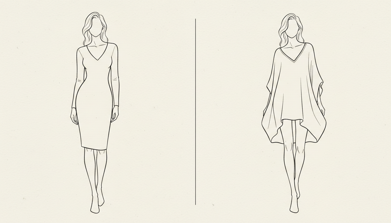 2人の女性のシルエットを並べた比較イラスト。左側は少し体に沿ったきれいなAラインのシルエット（ジャストフィットの秋冬用イメージ）、右側は少しゆとりのある風通しの良さそうなシルエット（ゆったりめの春夏用