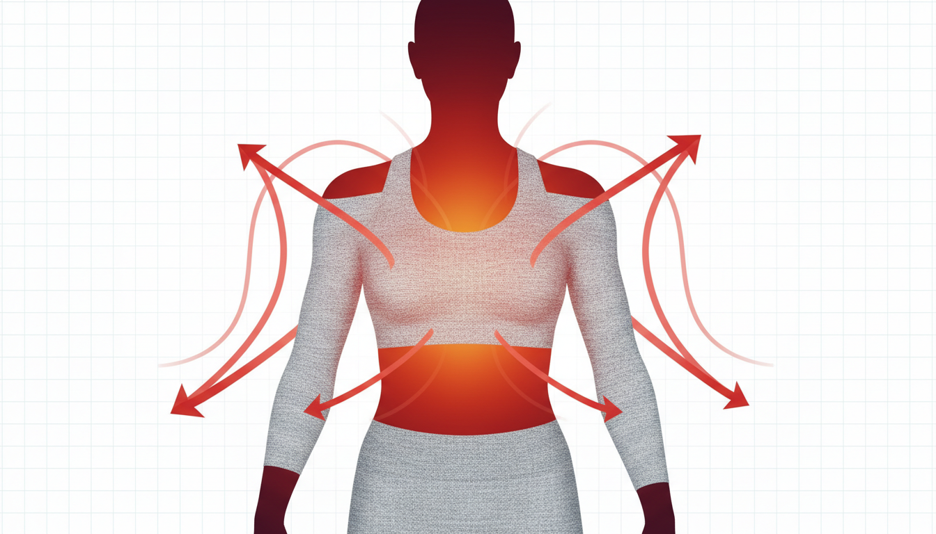 人体シルエットの内部に赤いグラデーションを配置し、着用しているウェアの生地から体温（遠赤外線）が反射して体に戻る様子を示す波線と矢印を描いた、血行促進・保温の仕組みが視覚的にわかる概念図解。