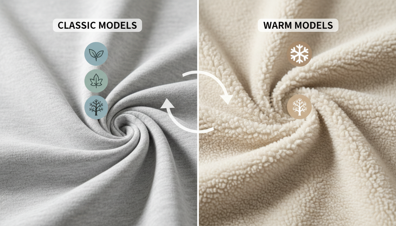 画面を左右に分割し、左側には「定番モデル」として春・秋・冬のアイコンと軽やかなスウェット生地を、右側には「Warmモデル」として雪の結晶アイコンと暖かそうな裏起毛生地を配置し、それぞれの特徴と季節ごと
