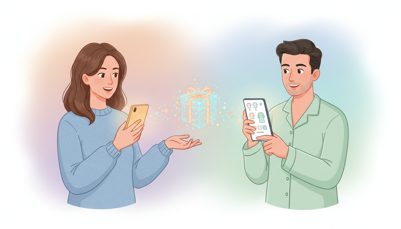 eギフトの仕組みを説明する概念イラスト。左側にスマートフォンを操作してギフトを贈る笑顔の女性、右側にスマホでメッセージを受け取り、パジャマのサイズ（S/M/L）と色を選んでいる笑顔の男性が描かれている