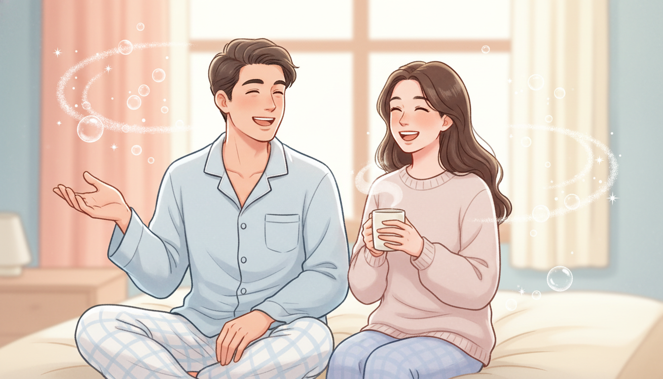 快適な睡眠をとってスッキリと目覚めた男女が、笑顔で喜びを語り合っている様子を描いたイラスト。リラックスできるルームウェアを着ており、周囲には「快適」「スッキリ」といった感情を表現するキラキラとしたエフ
