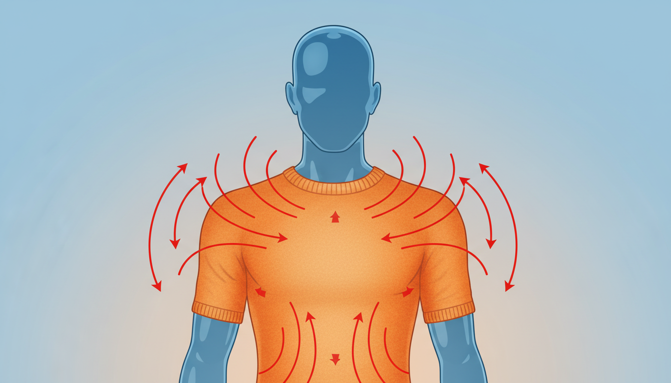 人体の上半身シルエットと、着用したウェアの生地から体へ熱（遠赤外線）が放射されてじんわりと温まる様子を示す図解風のイラスト。赤い波線や矢印を使って熱の循環と血行促進のメカニズムを視覚的にわかりやすく表
