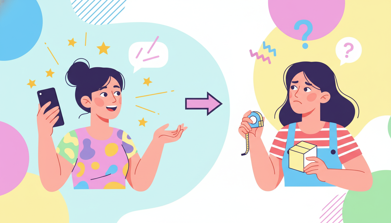 スマートフォンを持ちながら笑顔で商品の感想を話している若い女性と、少し悩みながら首を傾げてサイズ感について考えている別の女性の2人が対比されているイラスト。口コミやレビューを表現するため、人物の周りに
