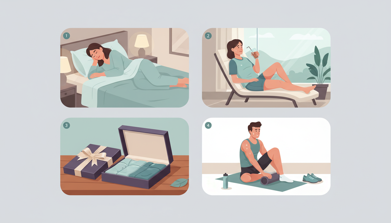 画面が4つのシーンに分割されたフラットデザインのイラスト。1つ目は「快適なベッドで熟睡する女性」、2つ目は「涼しげな半袖のドライウェアでくつろぐ女性」、3つ目は「リボンがかかった高級パジャマのギフトボ