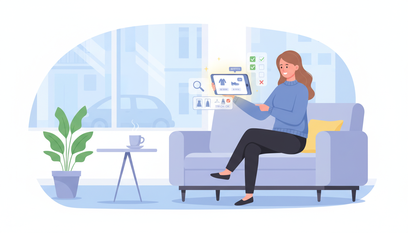 店舗へ向かう前にスマートフォンで在庫や試着の可否を確認している女性のイラスト。画面の横には虫眼鏡やチェックボックスのアイコンが浮かんでおり、事前確認の重要性を視覚的に表現している。明るく分かりやすいフ