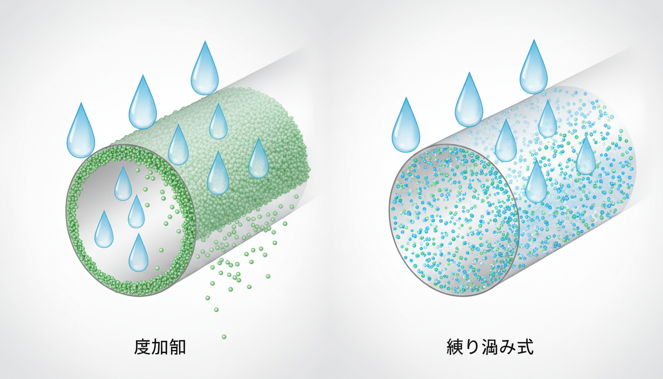 2種類の繊維の断面を比較した図解イラスト。左側は「後加工」として繊維の表面にだけ成分が付着し、水滴によって剥がれ落ちている様子。右側は「練り込み式」として繊維の内部全体に細かな成分がしっかりと練り込ま
