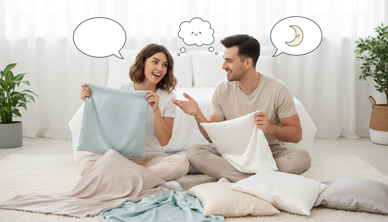 枕カバーの肌触りや寝心地について、笑顔で感想を話し合っている男女のイラスト。それぞれの人物の周りに吹き出しが配置されており、商品のレビューや口コミを情報交換している様子が伝わる、明るく分かりやすいデザ