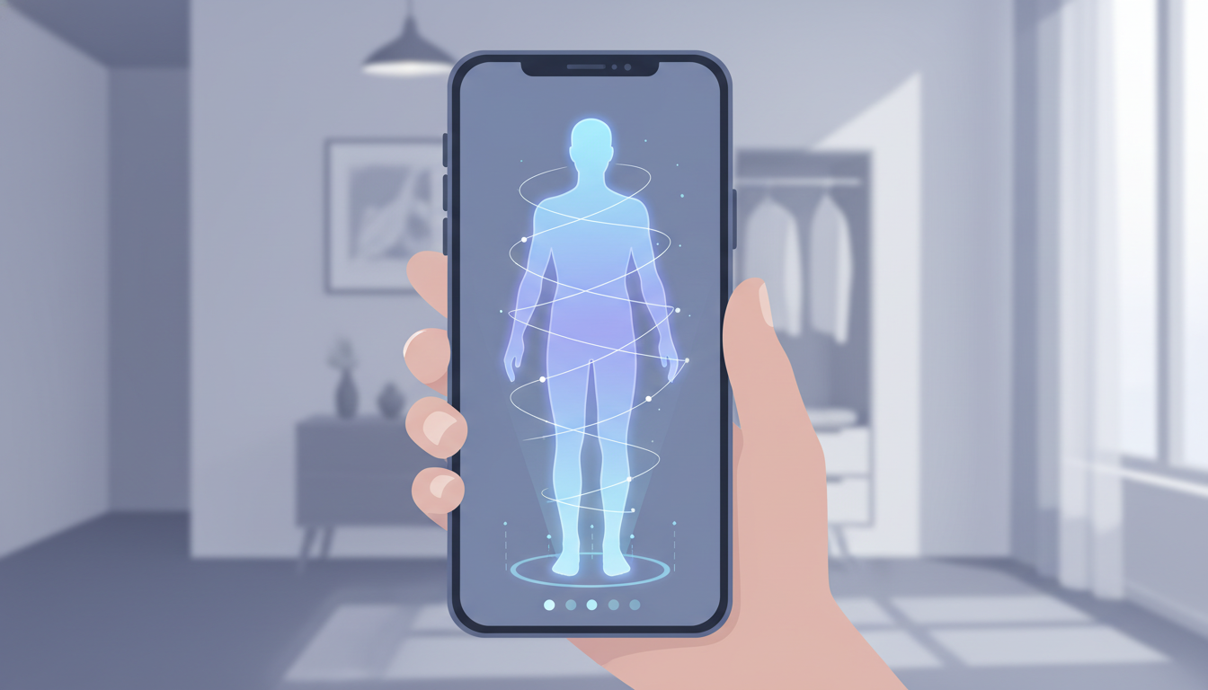 スマートフォンを使ってオンラインで服のサイズを計測している概念的なイラスト。スマホの画面から人間の全身シルエットとAIスキャンを意味する光のガイドラインが浮かび上がっている。最新のテクノロジーで自分に