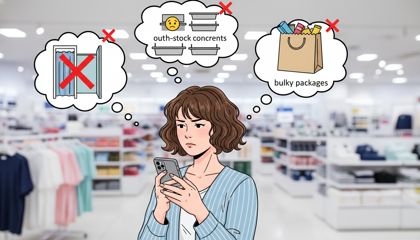 実店舗で買い物を検討している女性が、スマホを見ながら少し悩んでいる様子を描いたポップなイラスト。背景には「試着の制限」「在庫切れの心配」「かさばる荷物」を表す3つの小さな吹き出し(×マークのついた試着