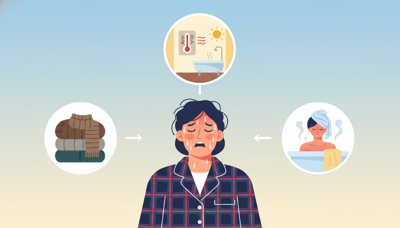 パジャマを着て暑そうに汗をかいている人物を中心に、その原因となる3つのシチュエーション（秋冬用の厚手の服を着ている、エアコンが効いておらず室温が高い部屋、お風呂上がりでまだ体が火照っている状態）をふき
