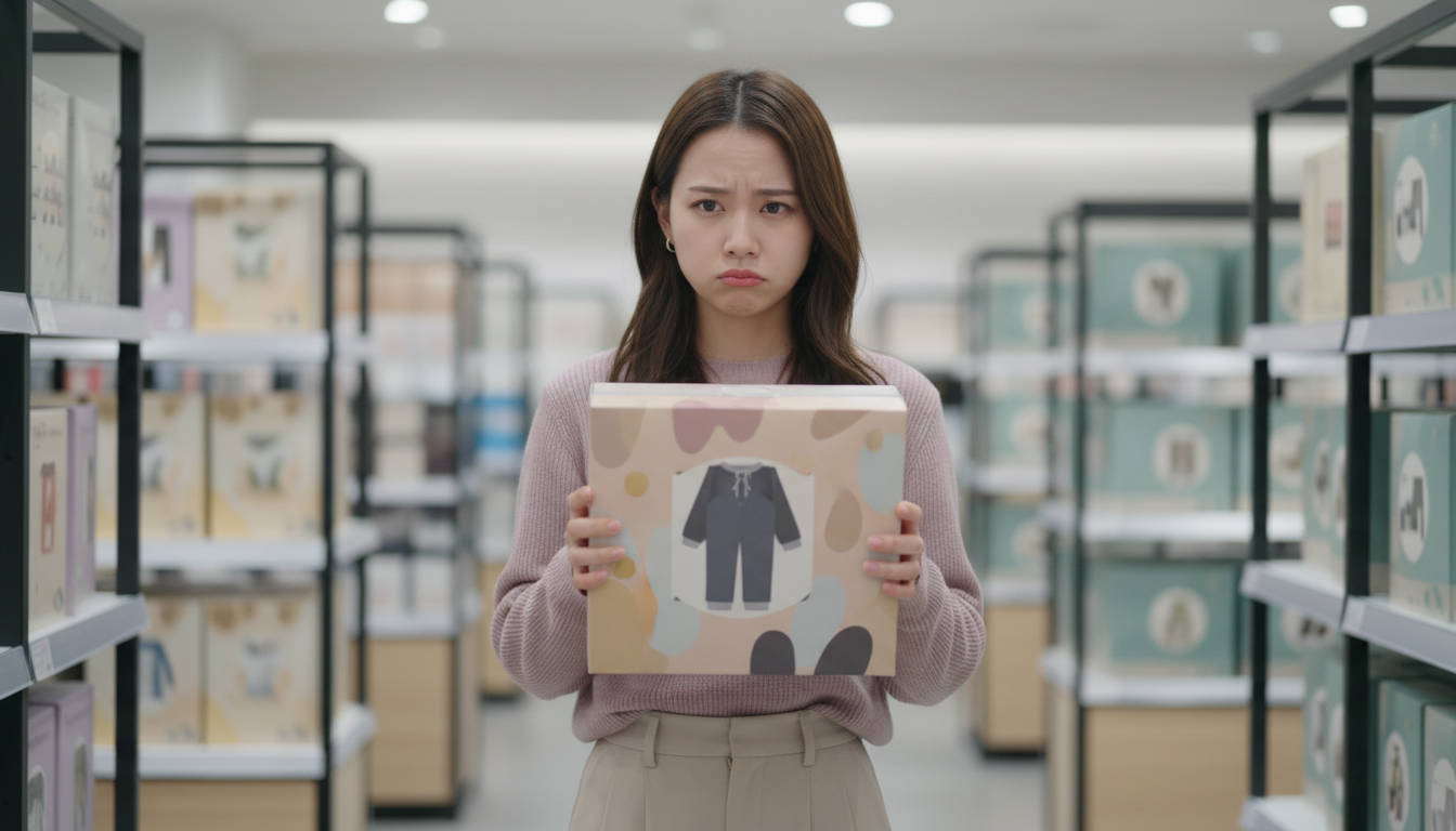 お店でパッケージ(箱)に入ったまま陳列されているルームウェアを手に持ち、「試着できなくてサイズが合うか不安」と困った表情で悩んでいる若い女性のフラットデザインのイラスト。背景にはシンプルな店舗の棚のシ