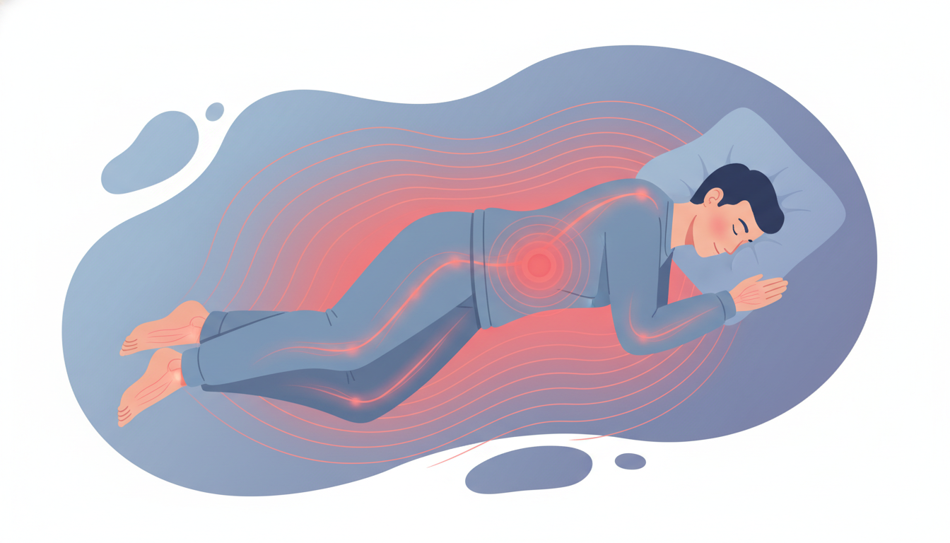 ルームウェアを着用して眠っている人物の全身から、じんわりと温かさ(遠赤外線)が広がり、全身の血行が促進されてリラックスしている様子を表現した図解風のイラスト。人体をシンプルに描き、赤い波線やグラデーシ