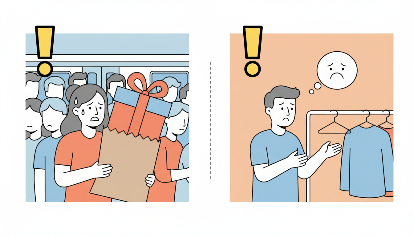 店舗での買い物の注意点を表現したイラスト。大きなギフトボックスの入った紙袋を抱えて満員電車で困っている女性と、ラックの前で目当てのサイズがなくて残念がっている男性の様子を左右に並べて描いたインフォグラ
