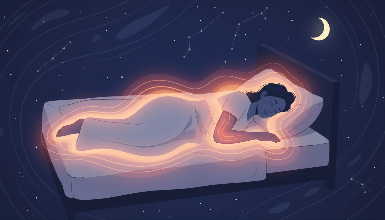 ベッドで心地よく眠っている人物の概念的なイラスト。体の周りにじんわりとした温かさを表すオレンジや赤の柔らかいオーラや波紋が描かれており、遠赤外線による血行促進と疲労回復のメカニズムを視覚的に表現してい