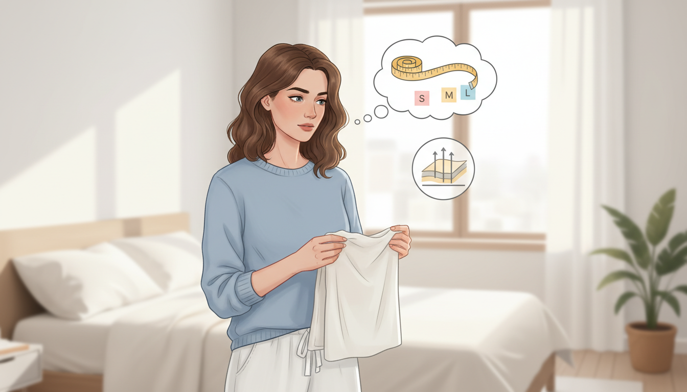 柔らかく薄手のパジャマを手に持ち、少し考え込んでいる表情の女性のイラスト。女性の横には、メジャー（巻尺）やS/M/Lなどのサイズ表が浮かんだ吹き出しがあり、生地の厚みの確認やサイズ選びに注意している様