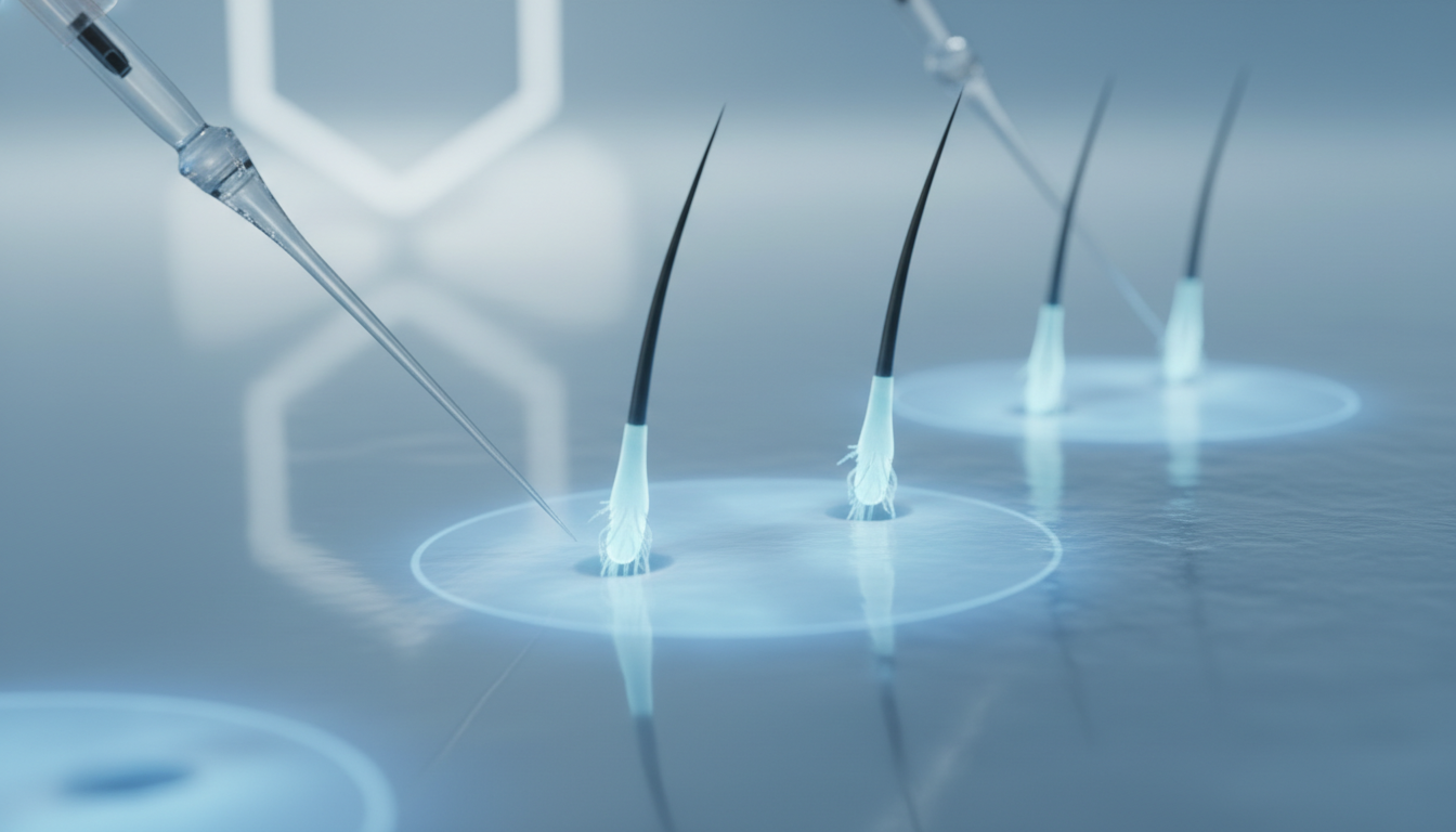 Conceptual illustration of advanced hair transplantation technology. A close-up, high-tech view show