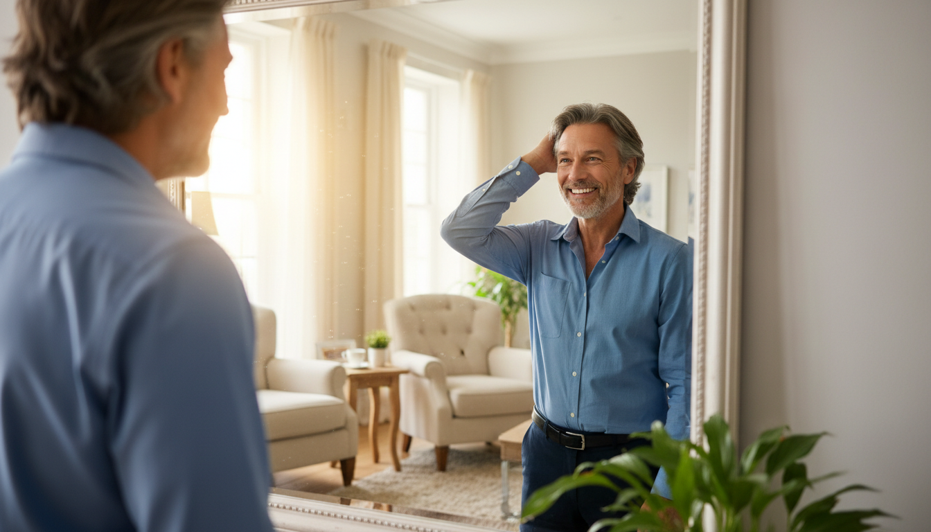 A middle-aged man looking in a mirror with a satisfied and confident smile, gently running his hand 