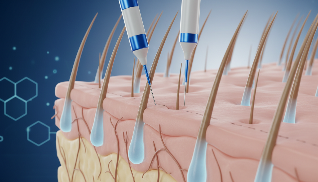 A high-quality 3D conceptual illustration of a scalp showing healthy hair follicles and a precise, m
