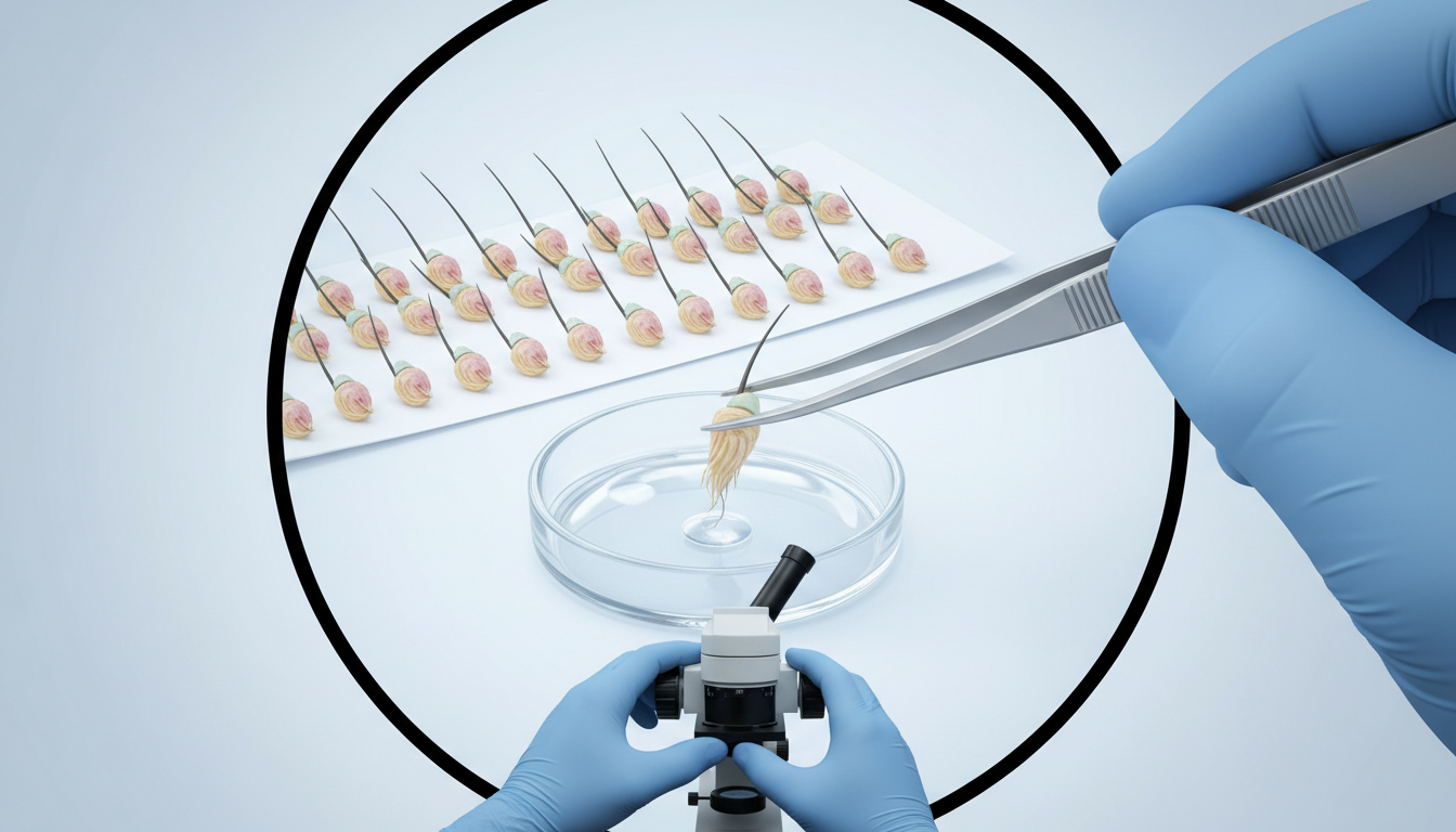 顕微鏡下で慎重に扱われる毛包（グラフト）の緻密なイラスト。医療用のピンセットで健康な毛根を一つひとつ丁寧に選別・管理している様子を描き、高度な技術力と生着率へのこだわりを表現したクリーンなメディカル図