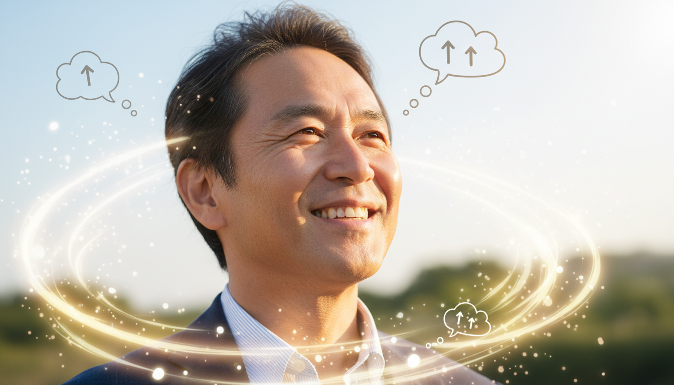 髪の悩みが解消され、晴れやかな笑顔を見せる日本人の中年男性。自信に満ちた表情で斜め上を見つめており、周囲には満足感を表現する抽象的な光の粒子や、肯定的なフィードバックを象徴するシンプルな吹き出しのグラ