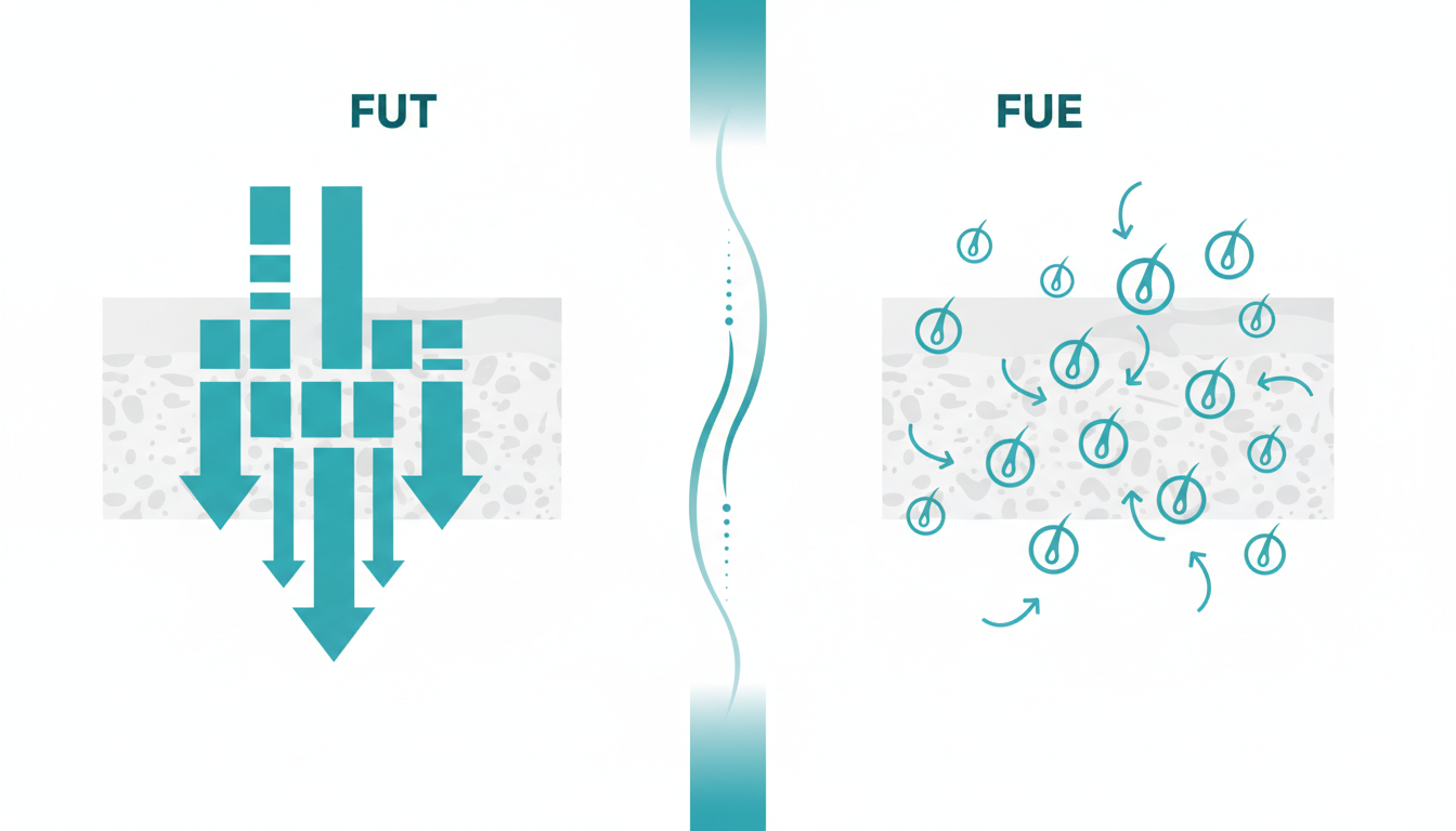 FUT法とFUE法の2つの術式を概念的に比較したインフォグラフィック風のイラスト。左側には効率的な採取を、右側には精密な採取を象徴する抽象的な毛根のアイコンと矢印が並んでいる。医療的な誠実さを感じさせ