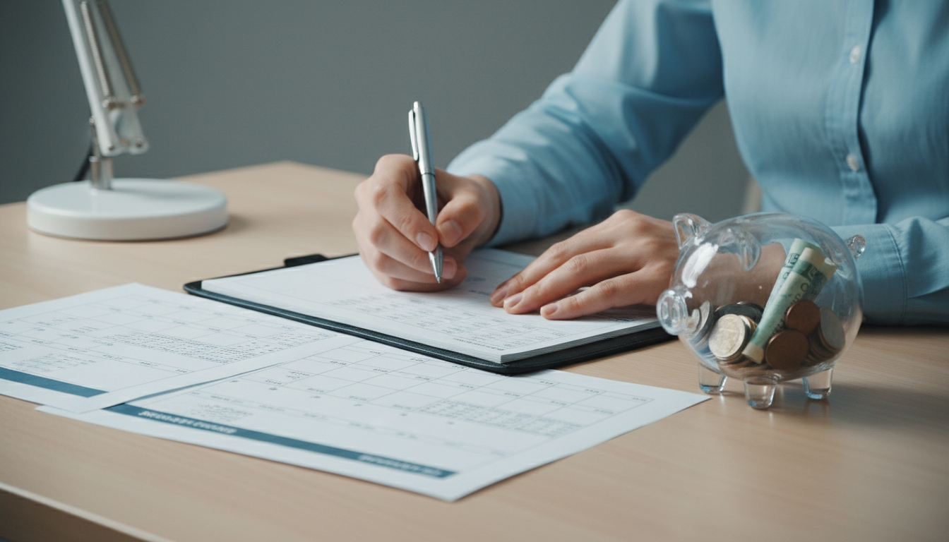 清潔なデスクの上で、ペンを持って計画を立てている手元のクローズアップ。透明性のある料金体系と将来への投資を象徴するように、書類の横に小さな貯金箱が置かれている。誠実でクリーンなビジネス・医療イメージの