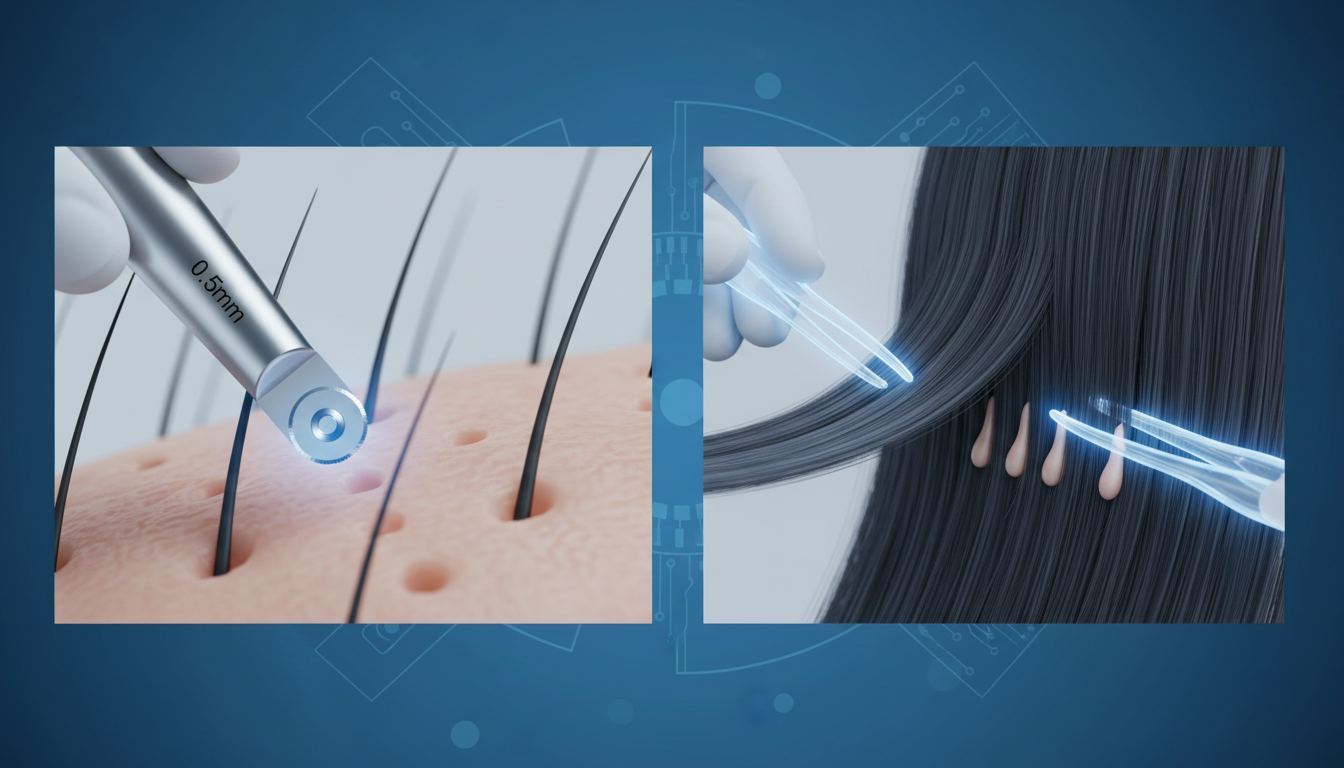 Conceptual medical illustration comparing hair transplant techniques. On one side, a close-up of a p
