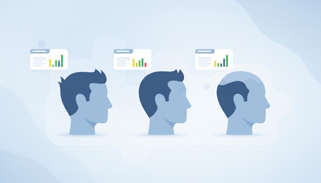 An informative infographic-style illustration showing three different male scalp profiles representi