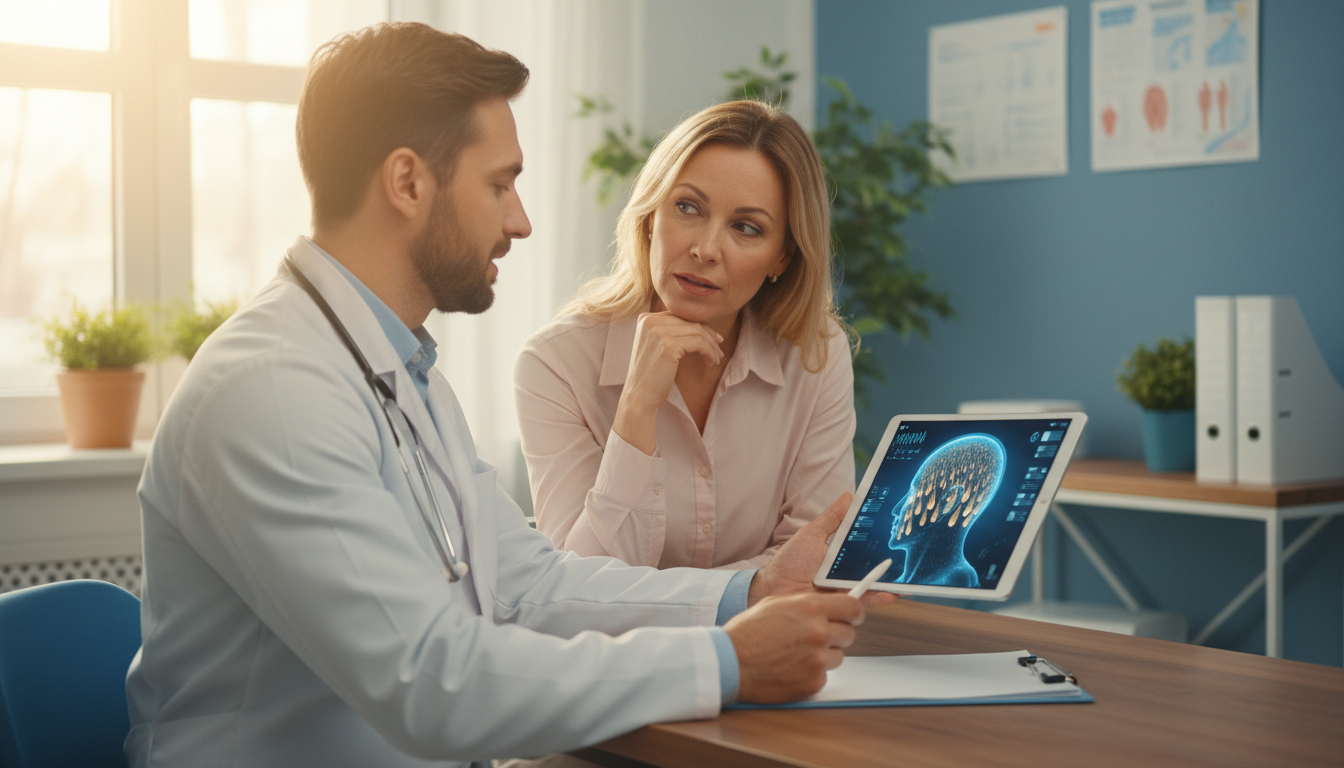 A professional medical consultation scene where a doctor in a white coat is having a sincere discuss