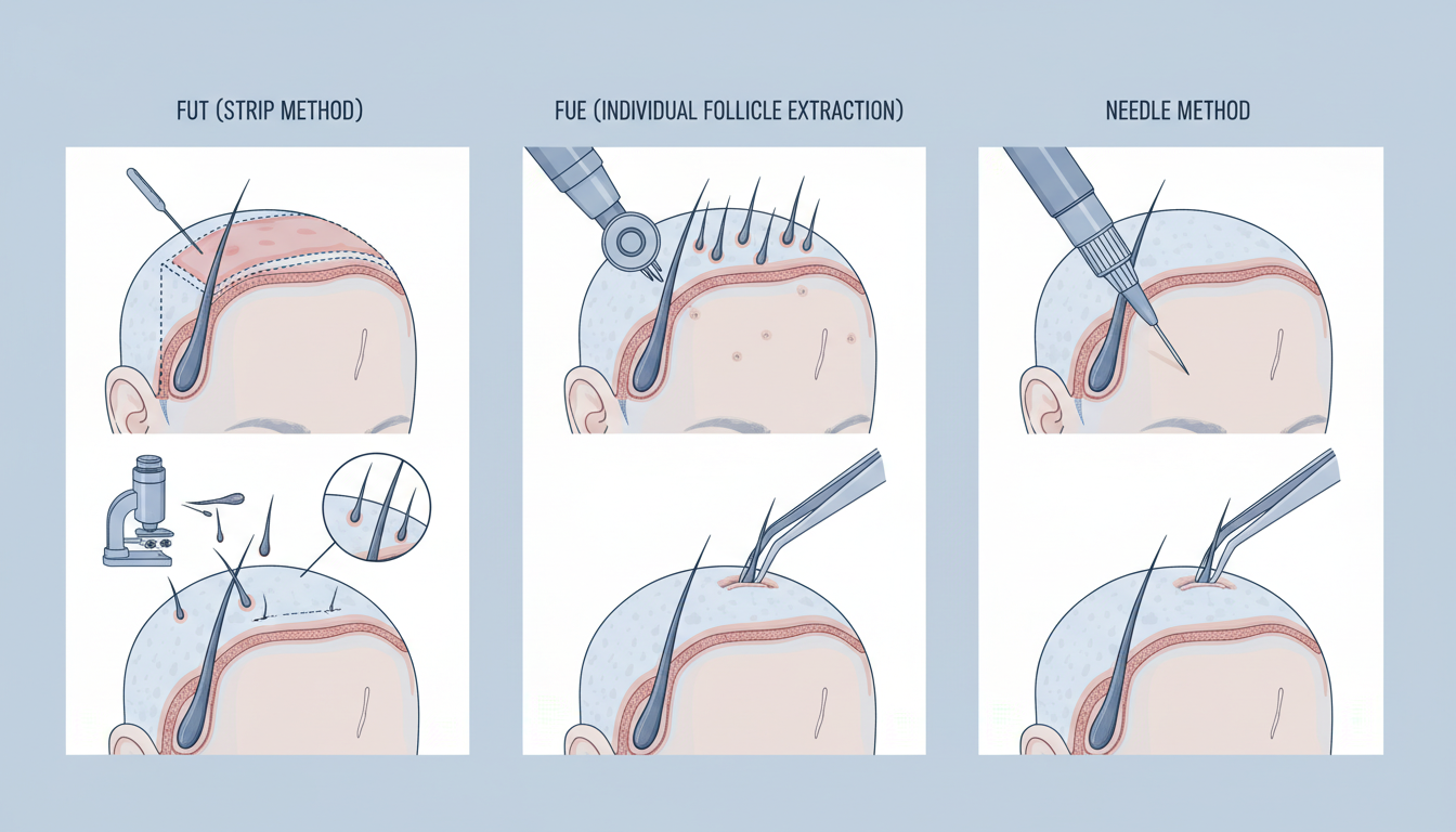 An educational medical illustration comparing three hair transplant techniques: FUT (strip method), 