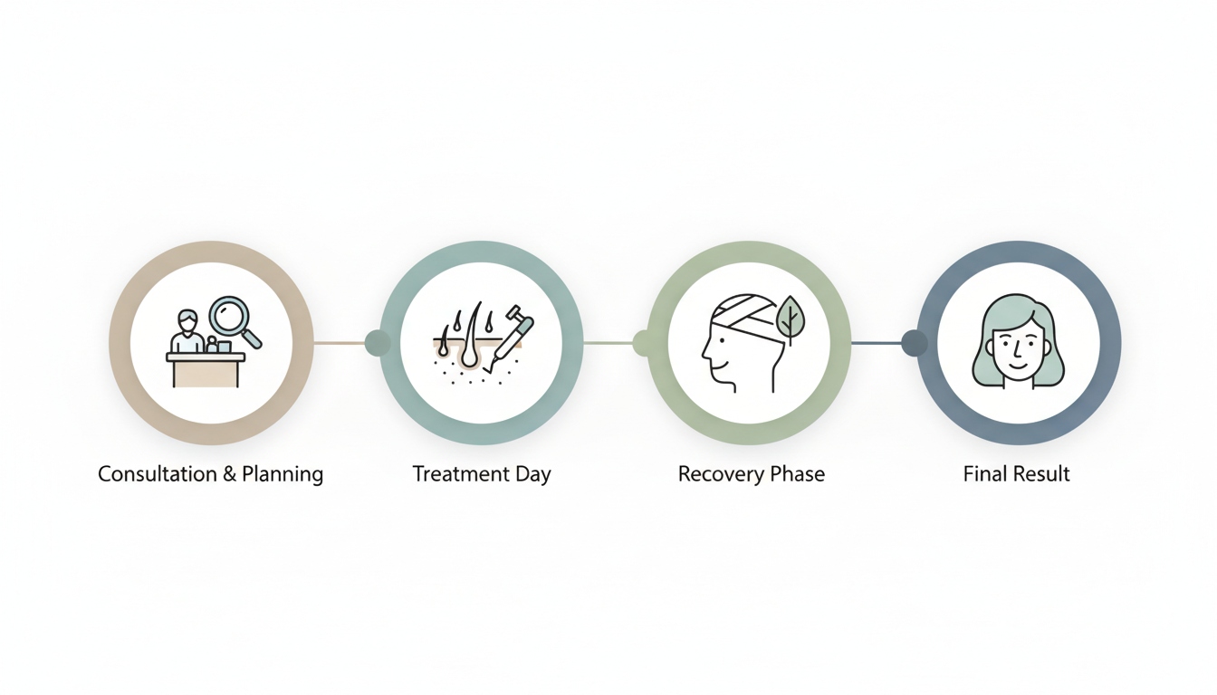A modern and minimalist infographic-style illustration depicting the overall process of a hair trans