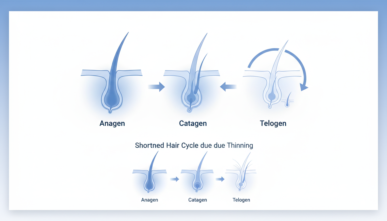 An informative and clean medical illustration showing the human hair growth cycle (Anagen, Catagen,