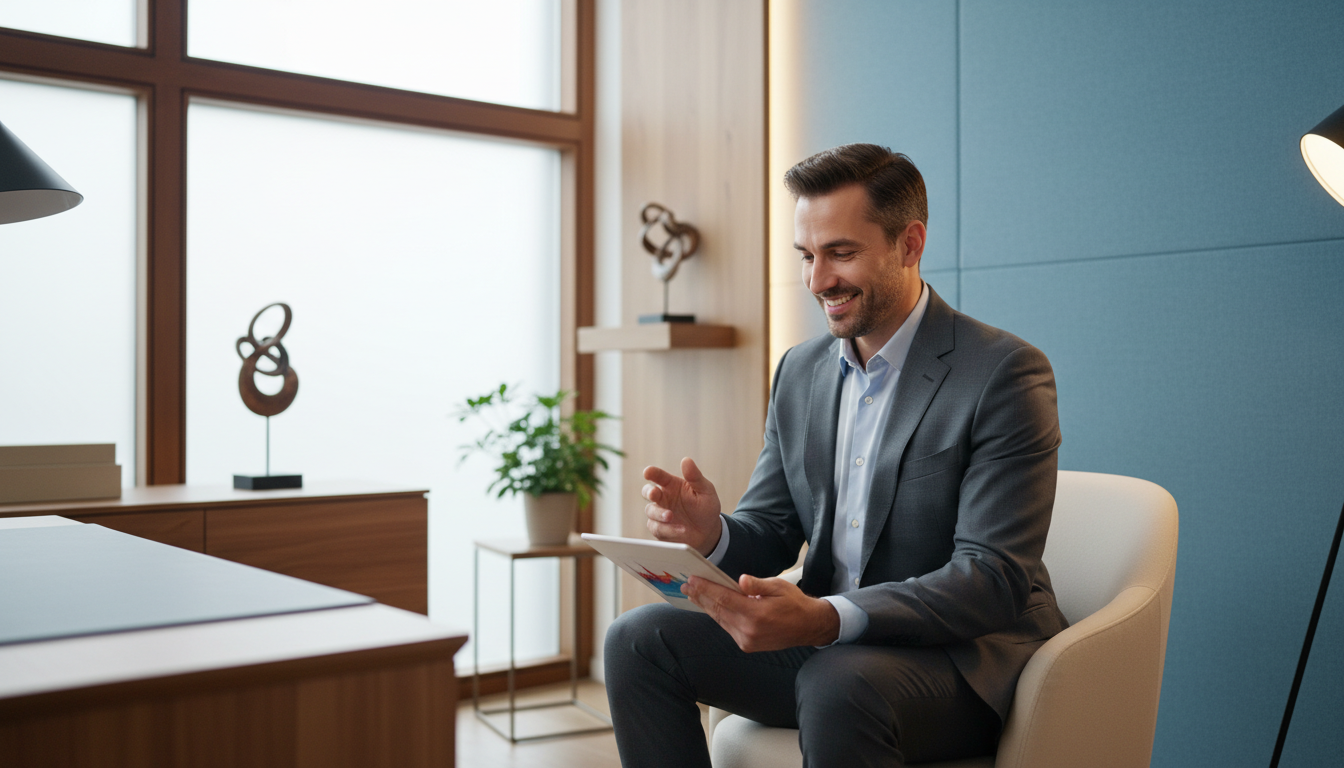 A professional male counselor in a white medical coat or a neat suit, sitting in a private, high-qua