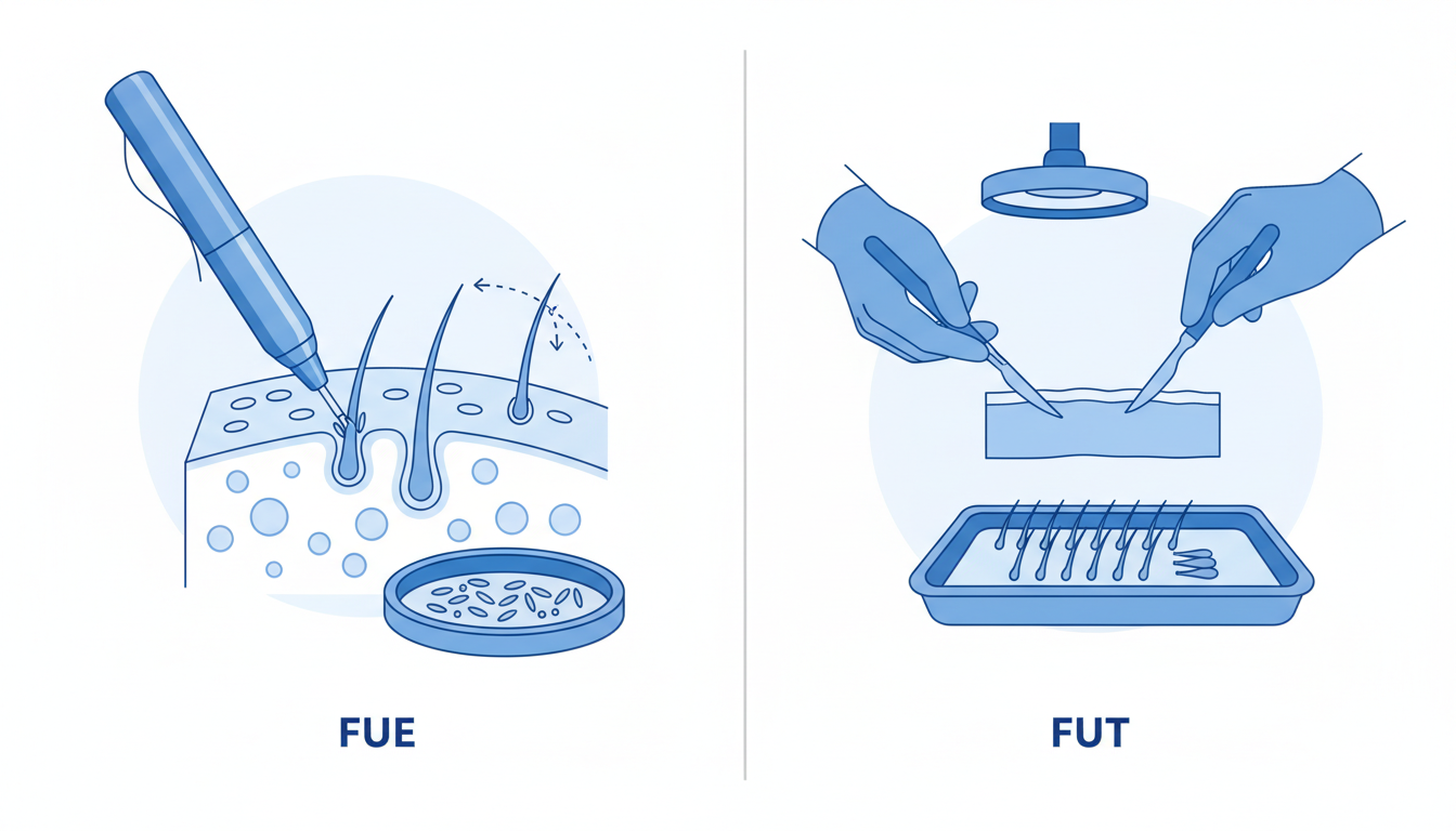 A clean, medical explanatory illustration comparing different hair transplant techniques. The diagra