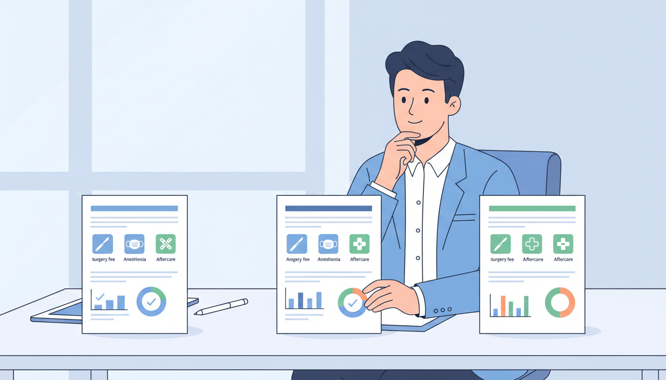 An illustration of a person in their 30s comparing three different medical quote documents on a desk