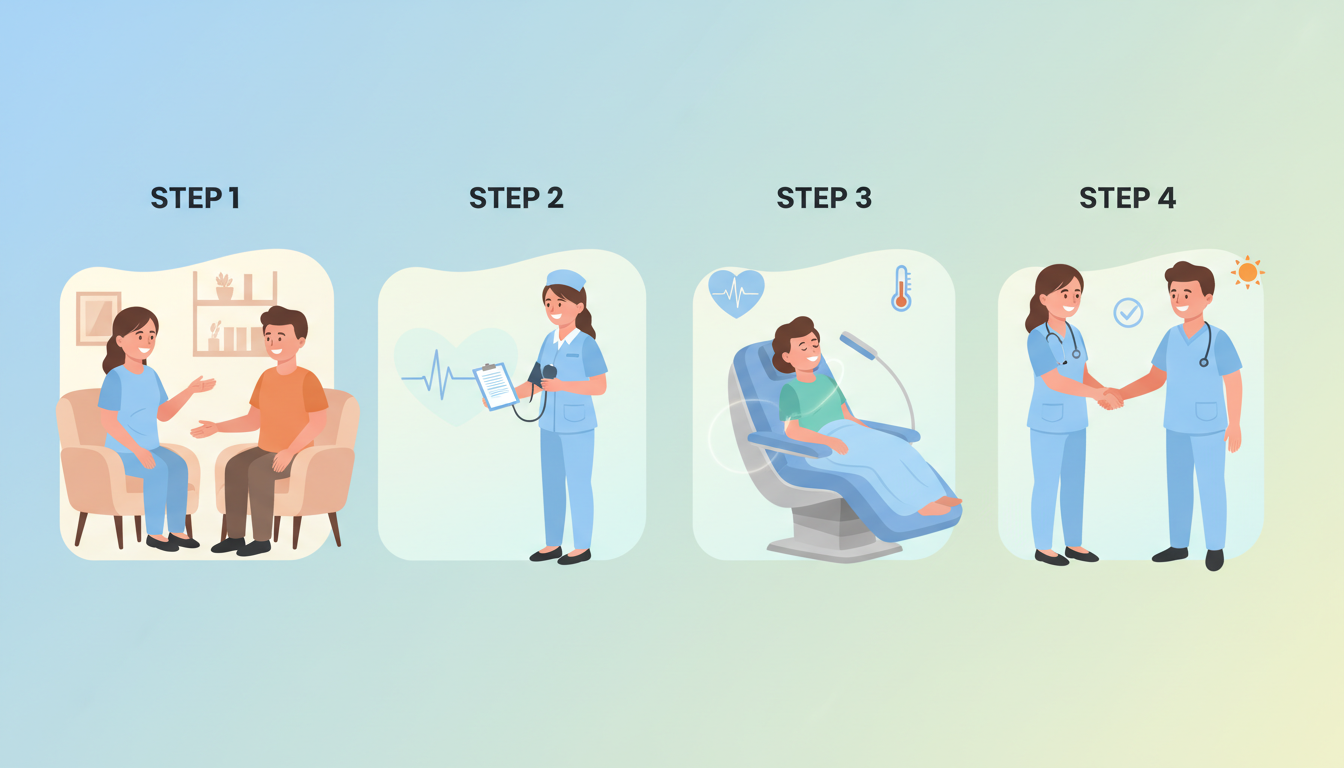 A horizontal 4-step infographic illustrating the patient journey from start to finish. Step 1: A fri