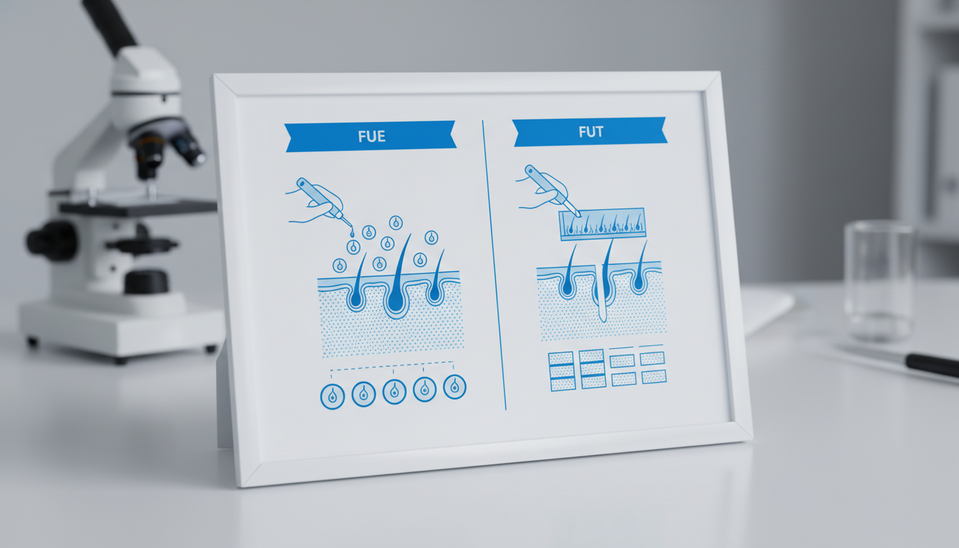 An educational medical illustration comparing two types of hair transplant techniques. The left side