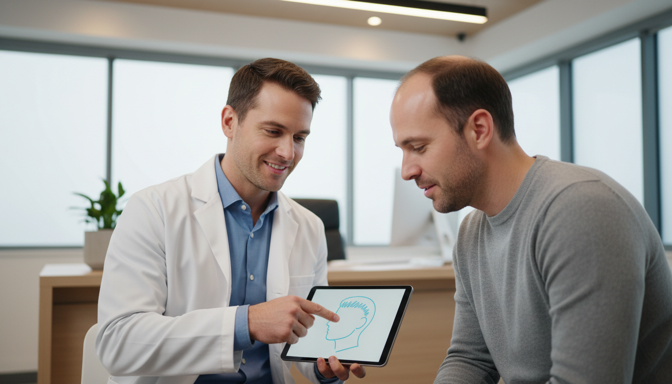 A friendly and professional male doctor in a white medical coat having a consultation with a male pa