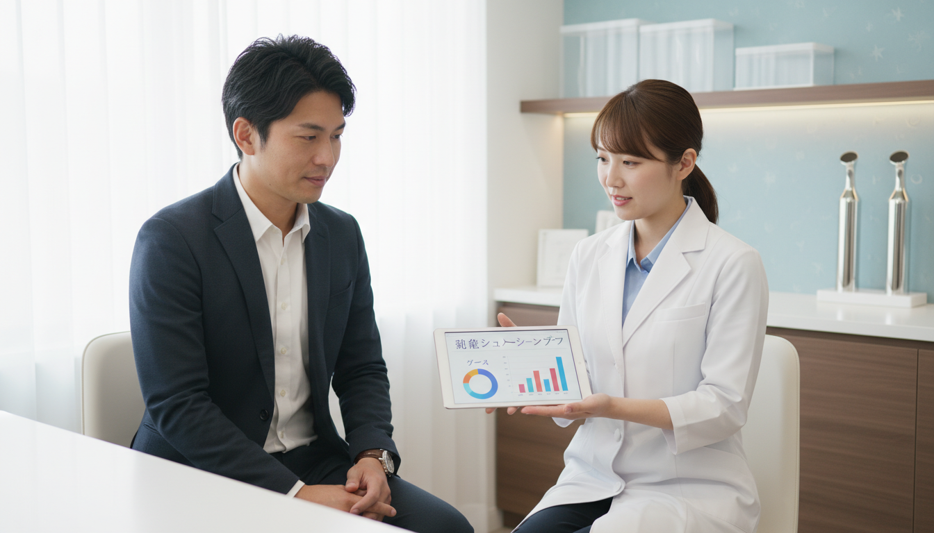 清潔感のあるクリニックのカウンセリングルームで、タブレット端末に表示された料金シミュレーションやグラフを一緒に確認している男性患者と、プロフェッショナルな雰囲気のスタッフ。不透明な追加費用がないことを